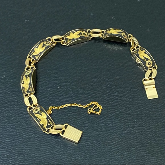 Vintage Damascene Gold-tone Enameled Birds & Flowers Link 8” Bracelet 16.3g - Picture 5 of 15